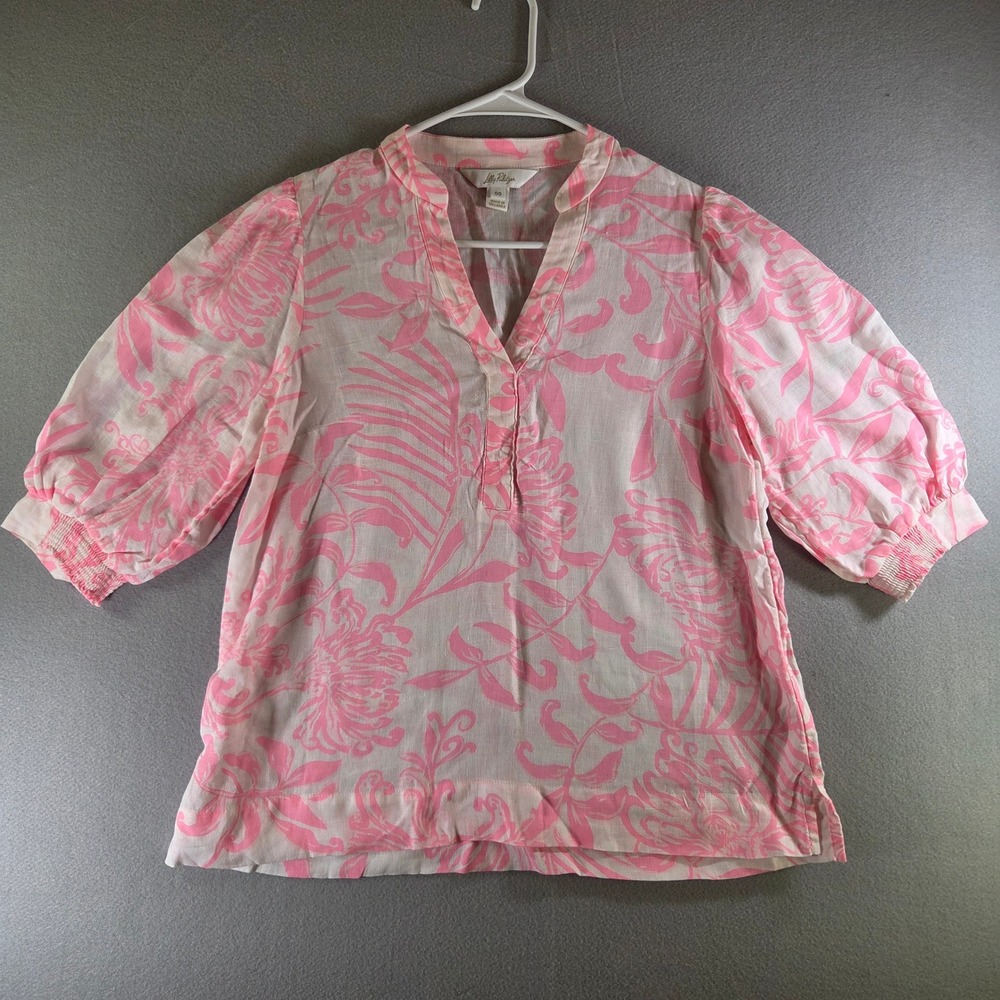 Lilly Pulitzer Mialeigh Elbow Top Glisten in the Sun Rousseau Pink 100% Linen 00